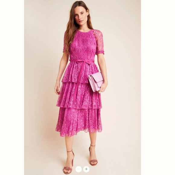 ML Monique Lhuillier Tiered Lace Midi Dress Size 4